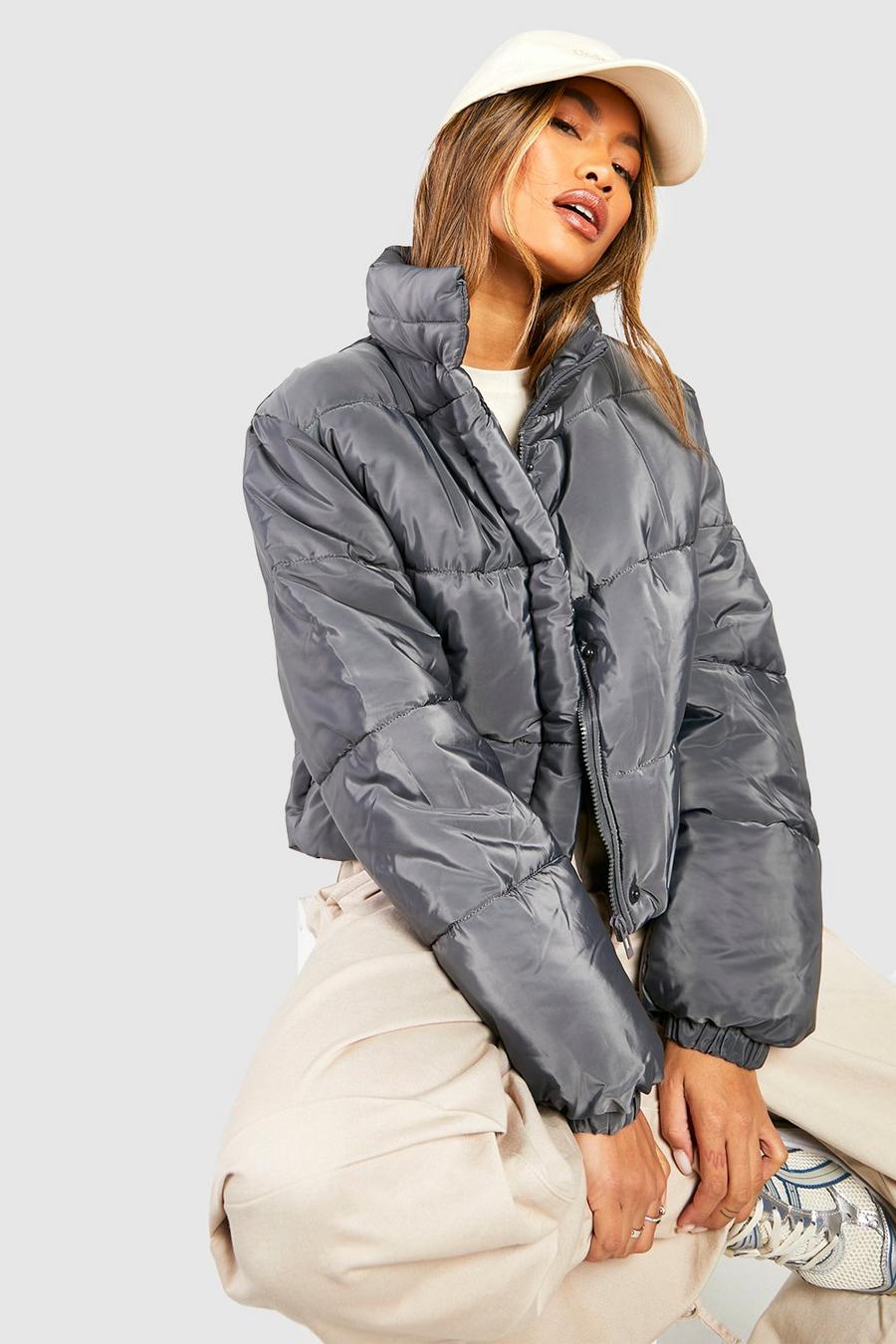 Charcoal gris Funnel Neck Puffer Jacket