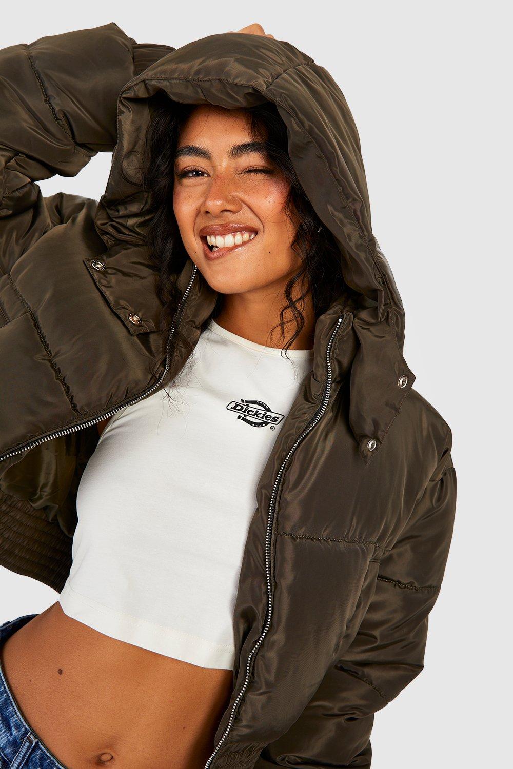 Boohoo crop hooded puffer jacket store in black