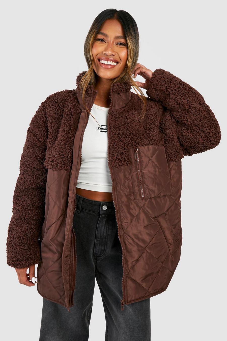 Chocolate brun Borg Trim Quilted Jacket