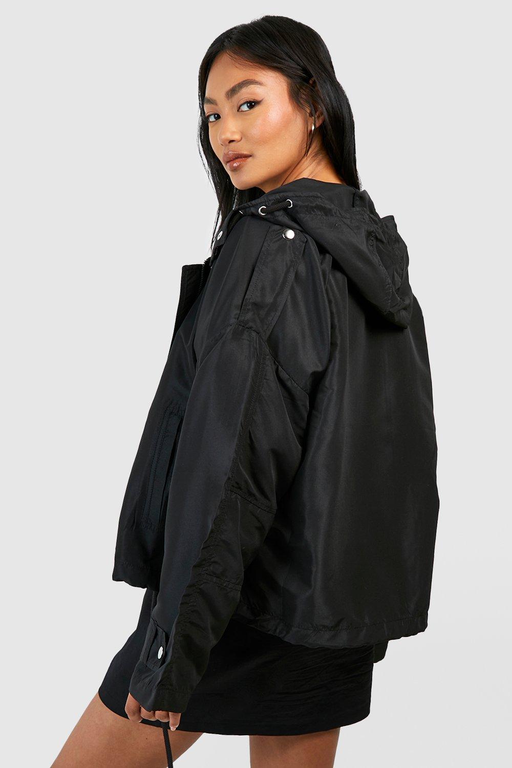 Black hooded store utility jacket