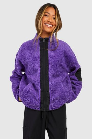 Purple Contrast Nylon Utility Pocket Teddy Zip Jacket