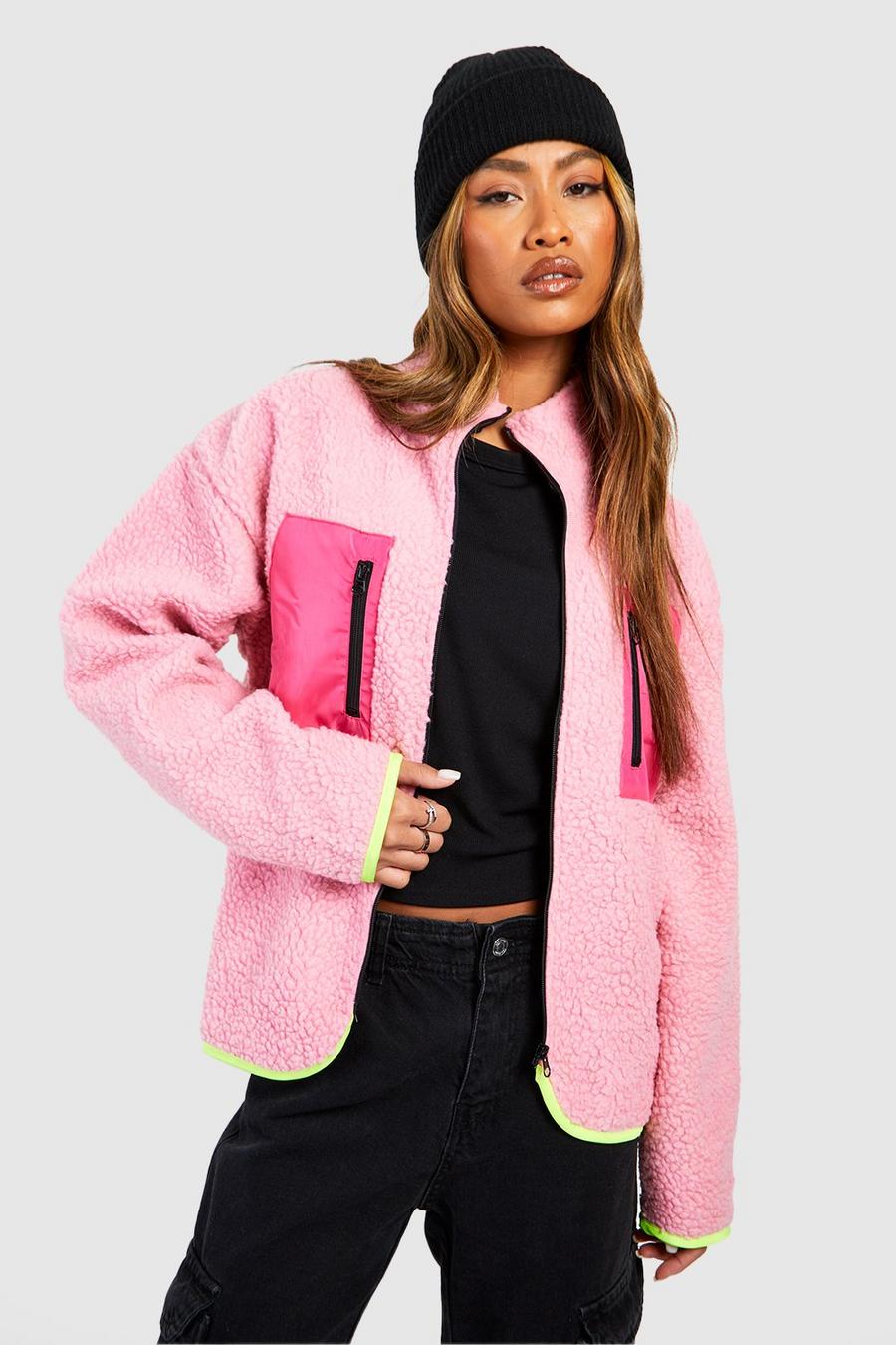 Pink Contrast Nylon Pocket Teddy Zip Jacket  