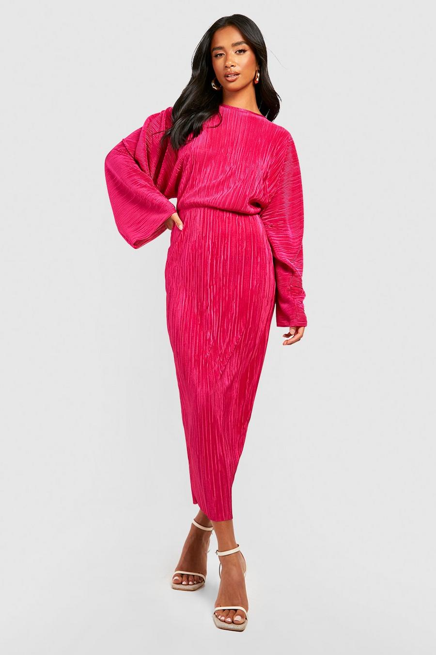 Vestito midi Petite plissettato con maniche ad ala di pipistrello, Hot pink image number 1