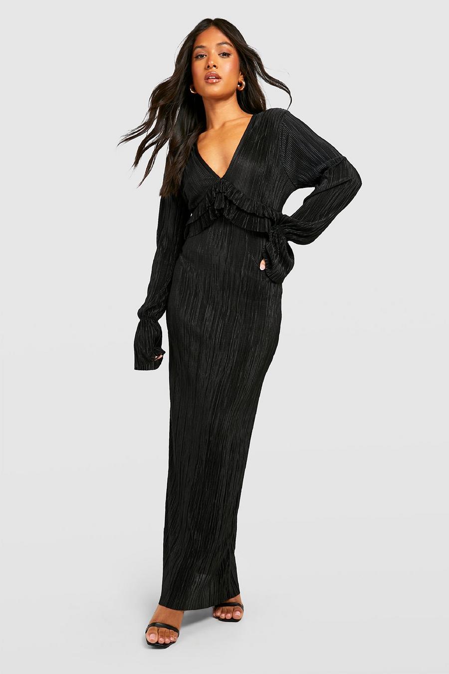 Black Petite Plisserad långklänning med volanger image number 1