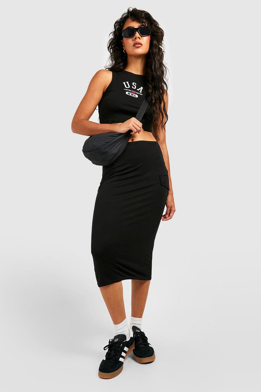 Black Jersey Cargo Midi Skirt image number 1