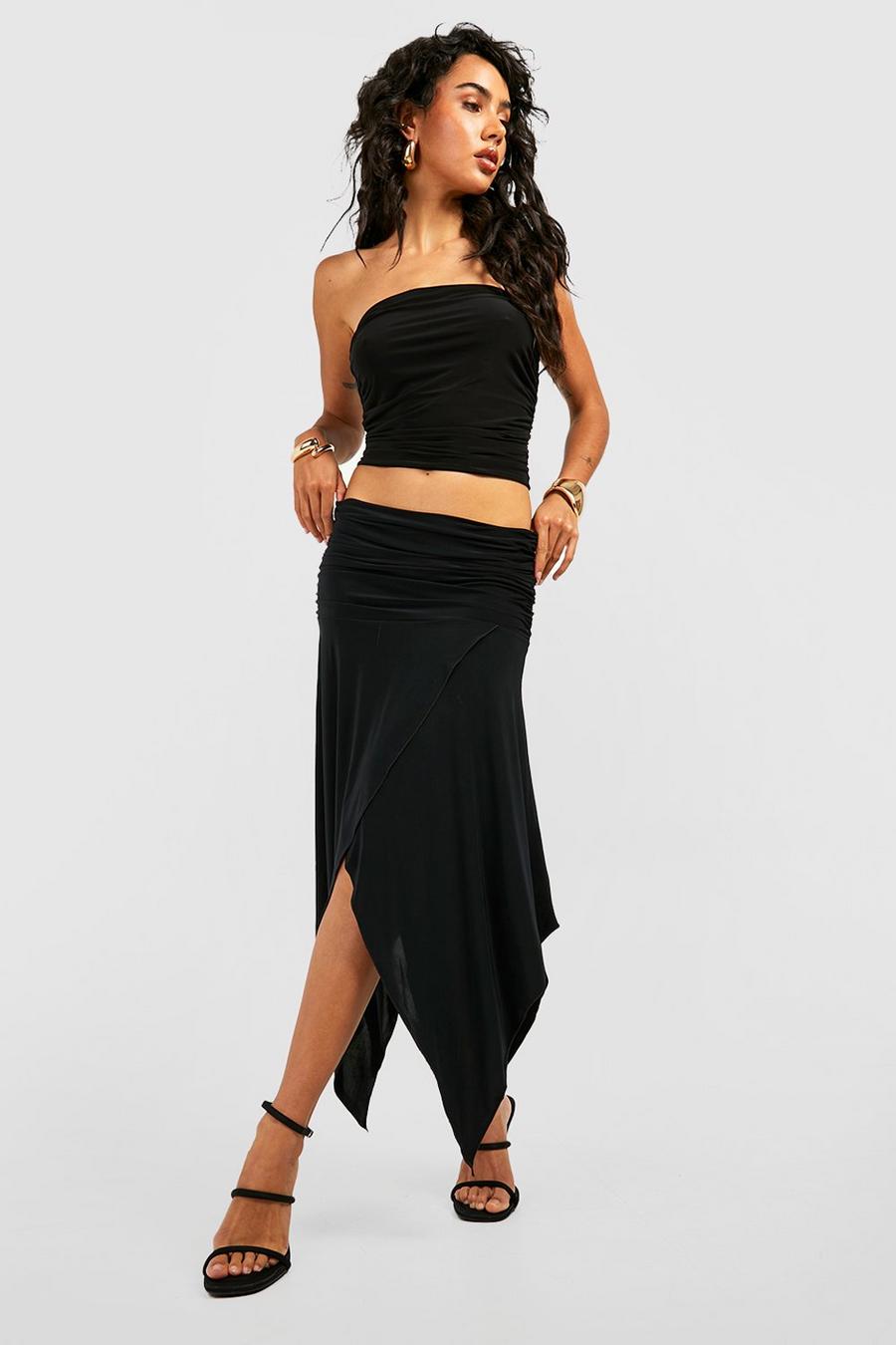 Black Slinky Ruched Hanky Hem Midi Skirt image number 1