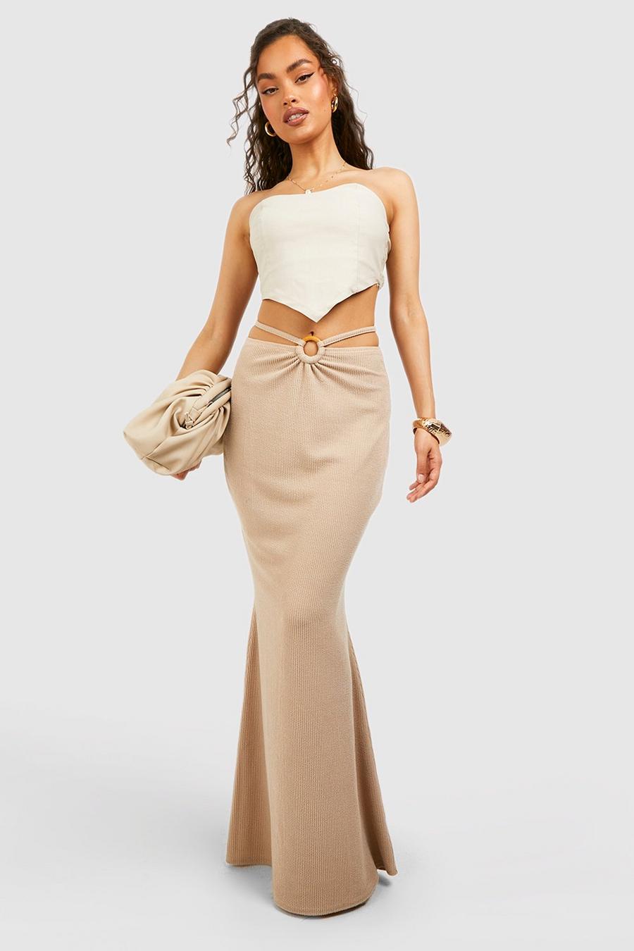 Stone beige Strappy Wooden Ring Detail Textured Maxi Skirt