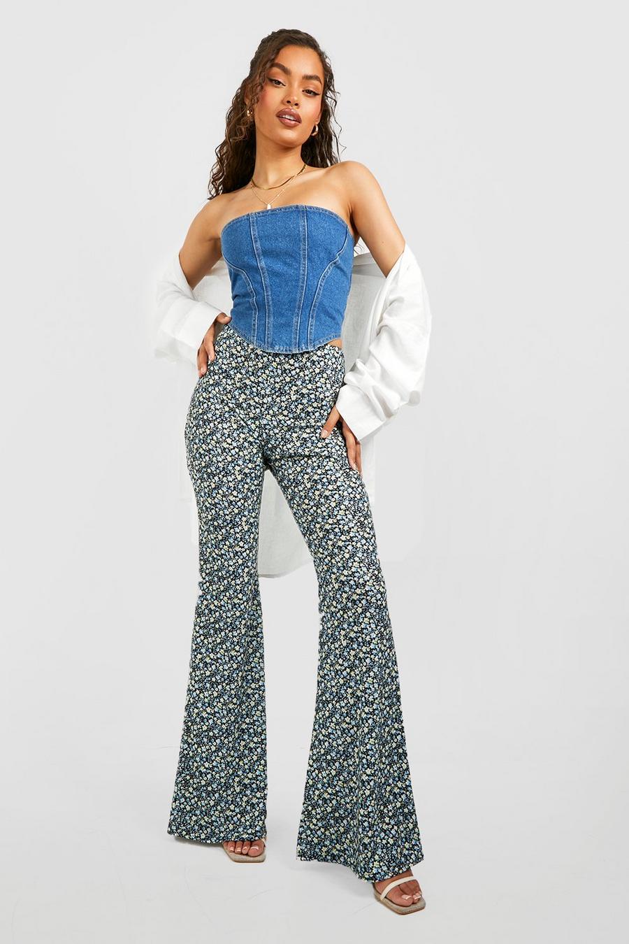 Navy Ditsy Printed Flared Pants image number 1