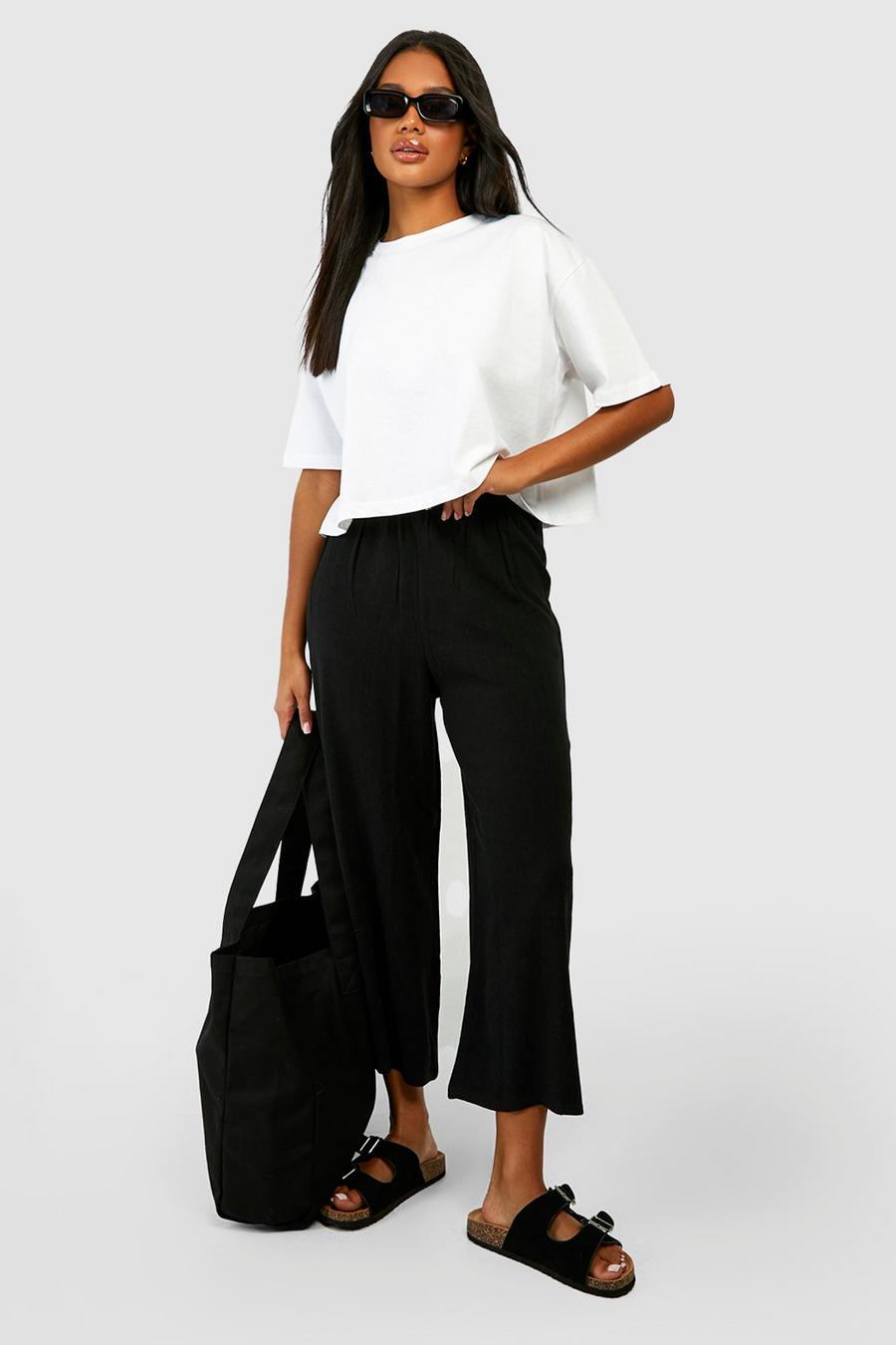 Black Linen Blend Cropped Wide Leg Trousers image number 1