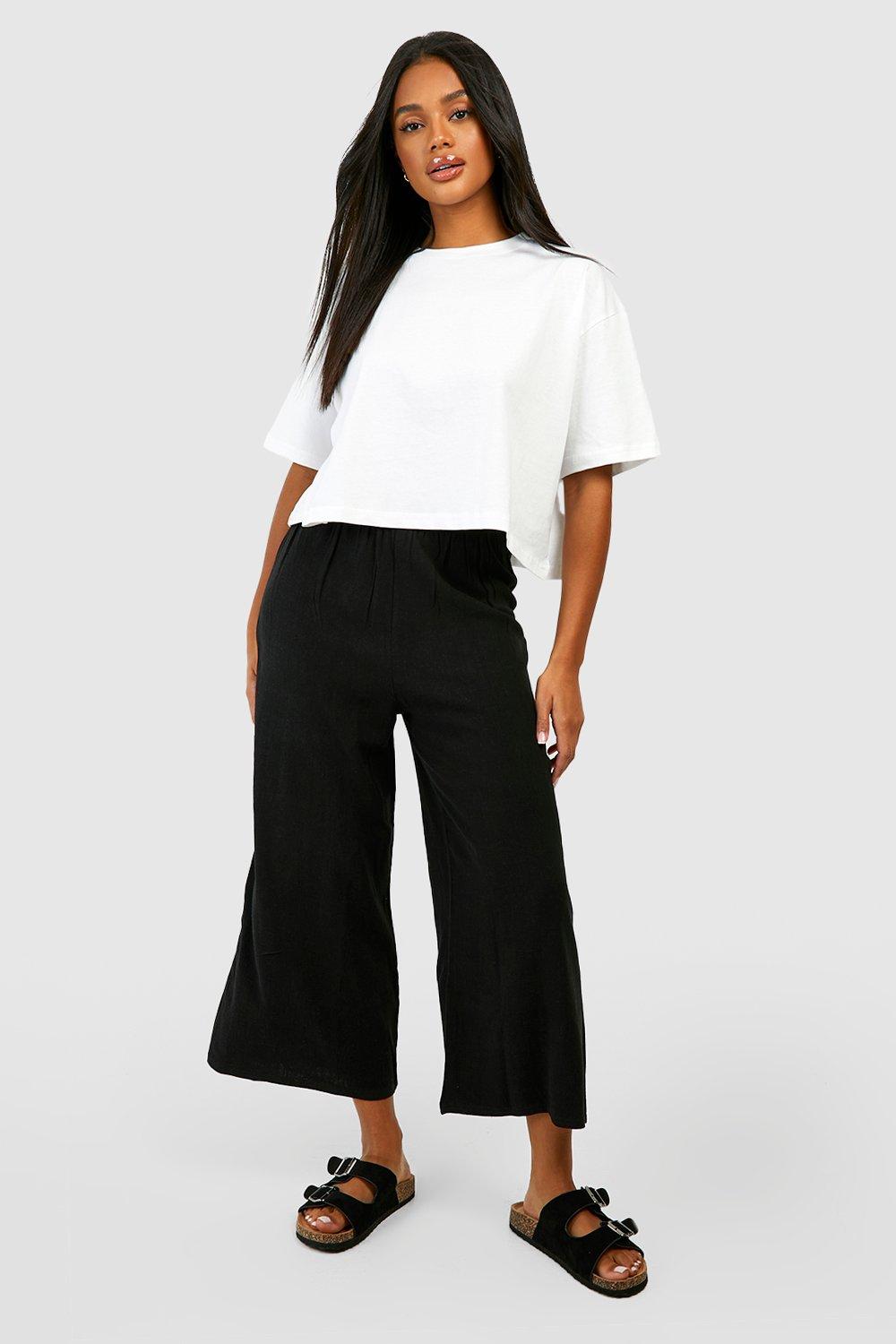 Linen Blend Cropped Wide Leg Trousers