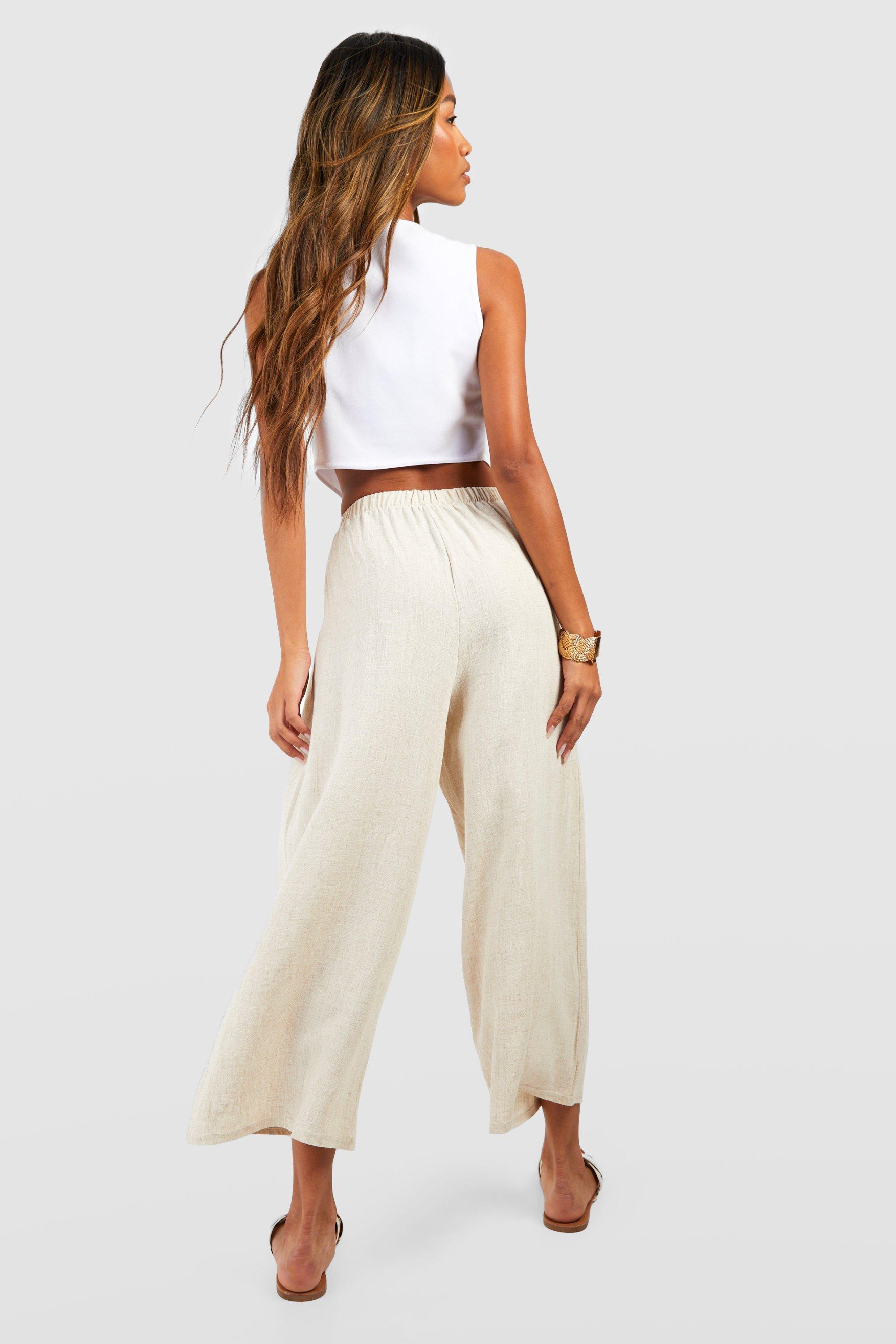 Linen Blend Cropped Wide Leg Trousers