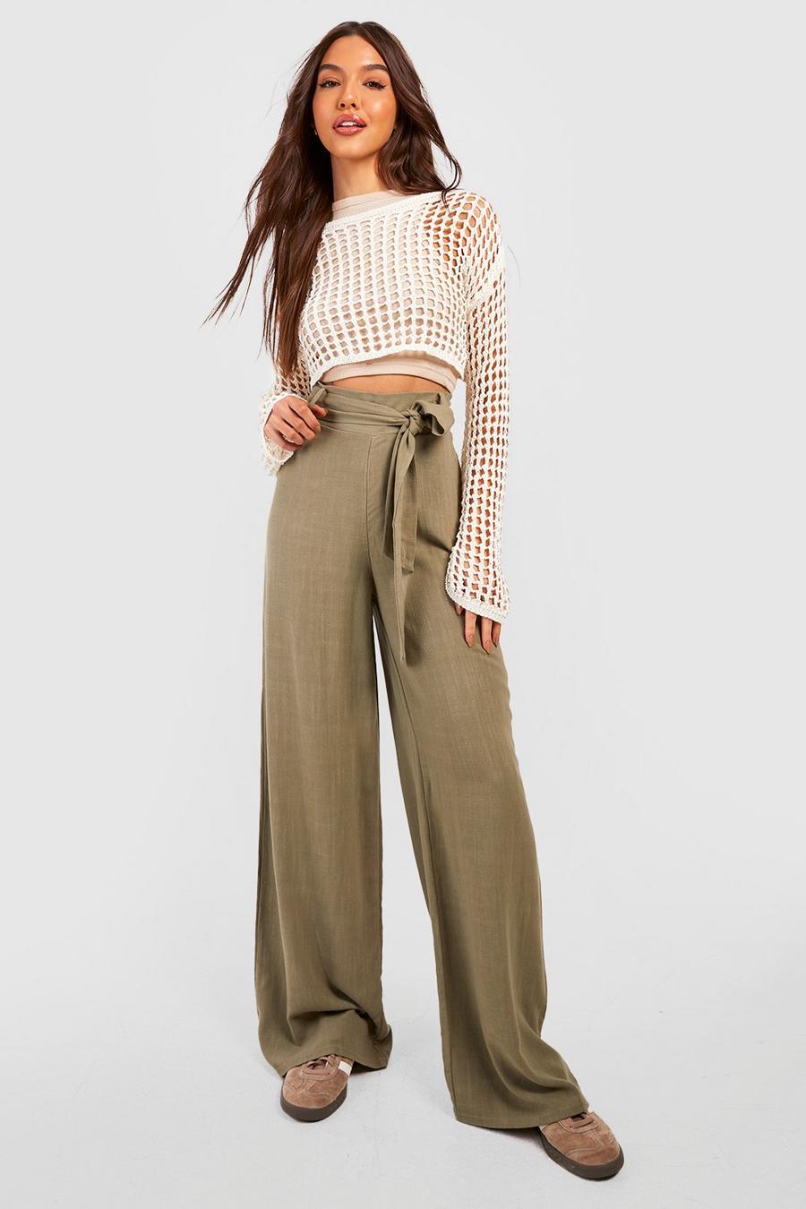 Khaki Linen Blend Super High Waisted Belted Wide Leg Trousers image number 1