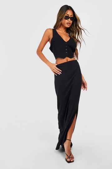 Linen Blend Maxi Slip Skirt black