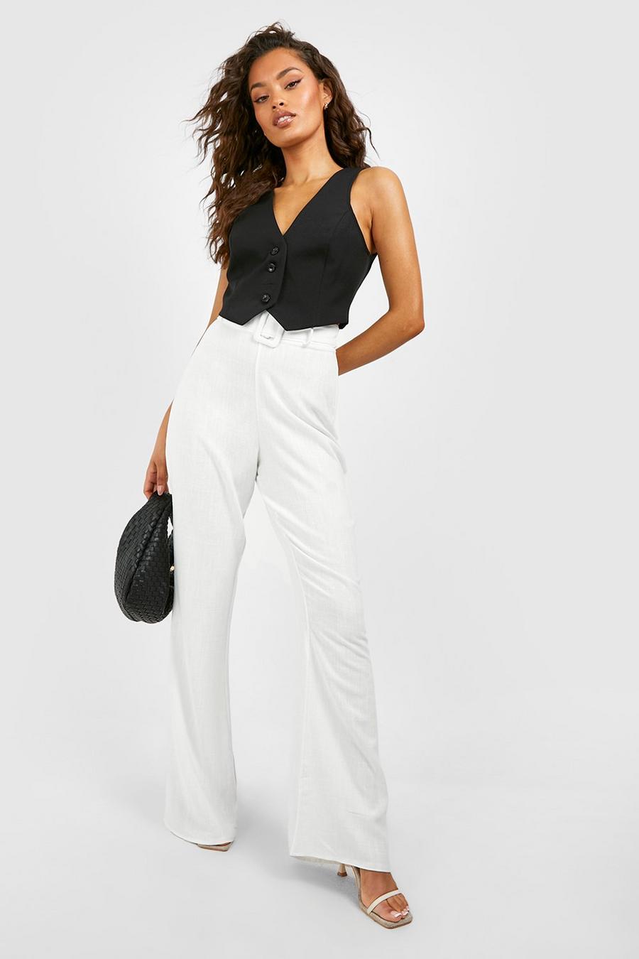 White Linen Blend Buckle Belted Flared Trousers