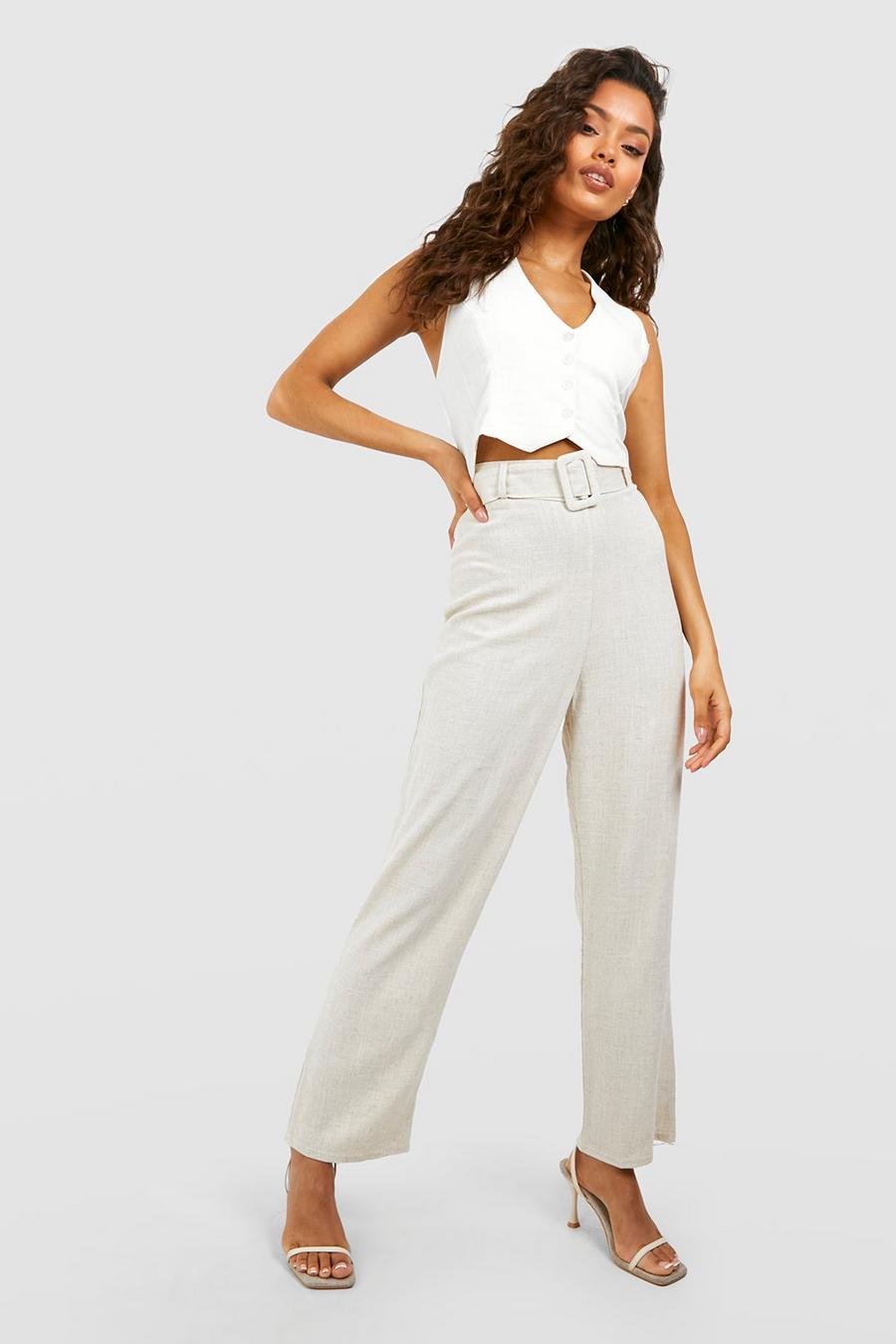 Natural beige Linen Blend Buckle Belted Tapered Trousers