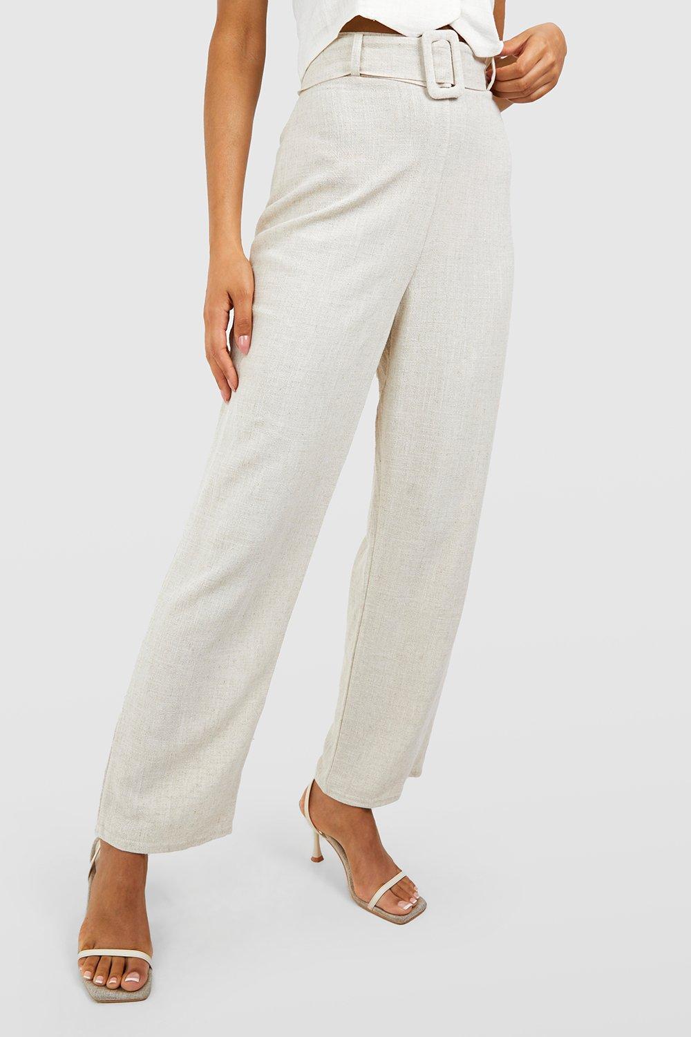 Linen Blend Buckle Belted Tapered Trousers