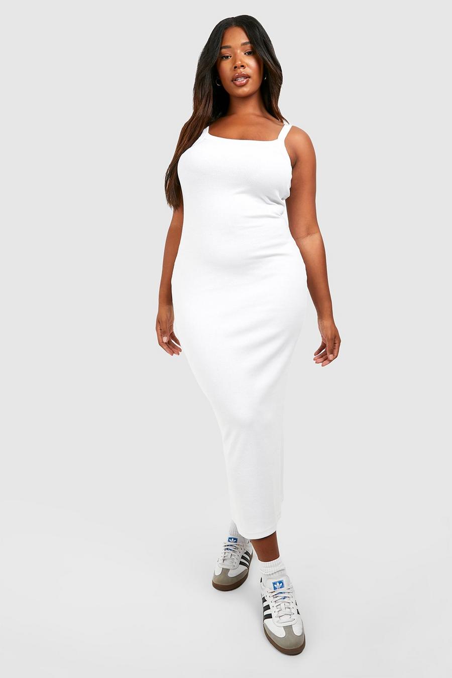 Vestito longuette Plus Size Premium a coste con scollo quadrato e bordi spessi, White