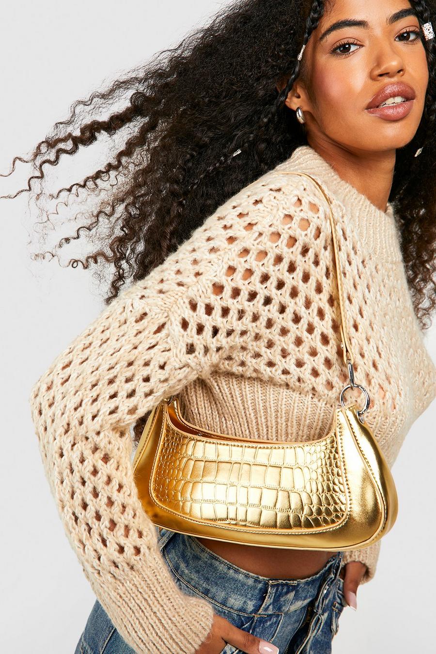 Gold metallic Metallic Croc Shoulder Bag