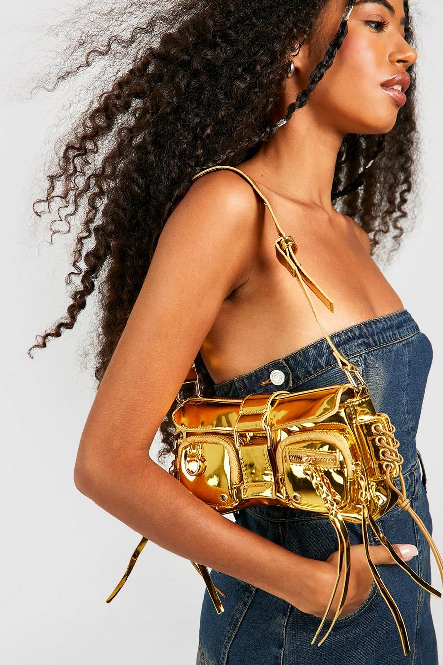 Gold metallic Zip Pocket Shoulder Bag