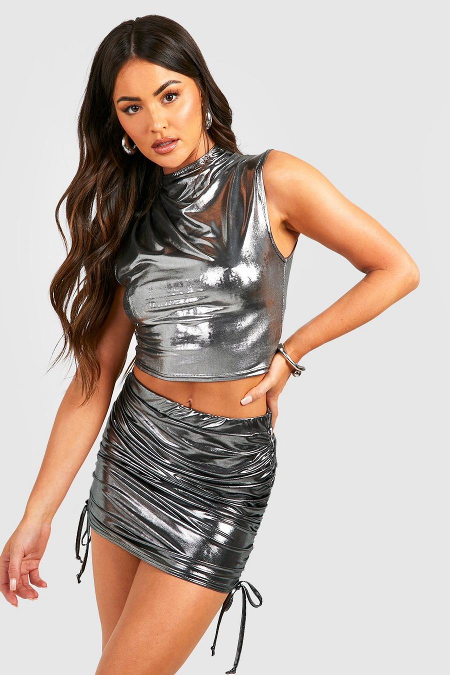 Silver Metallic Ruched Mini Skirt