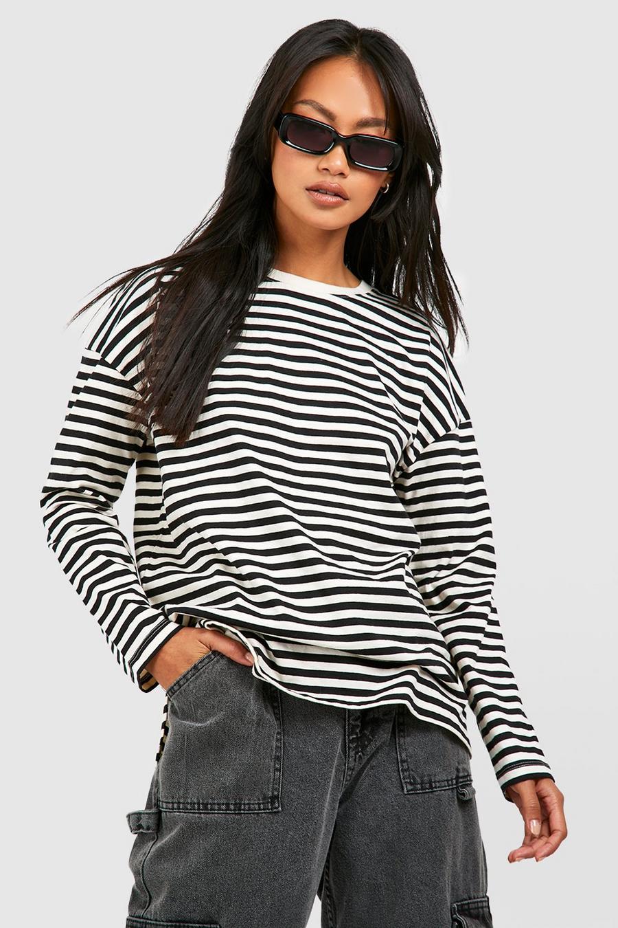 Cream Long Sleeve Striped Crew Neck Cotton T-shirt  image number 1