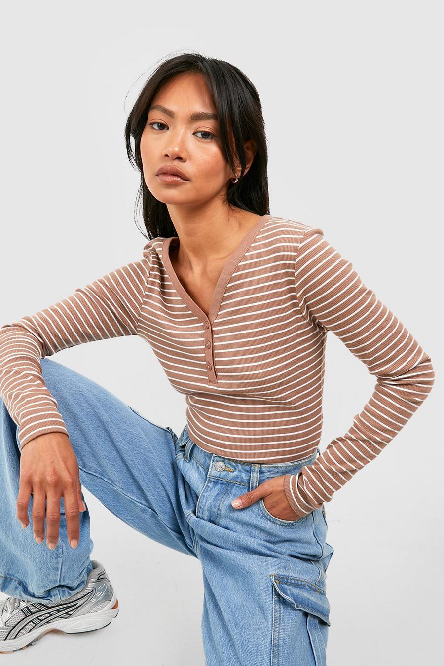 Long Sleeve Striped Button Detail Top image number 1