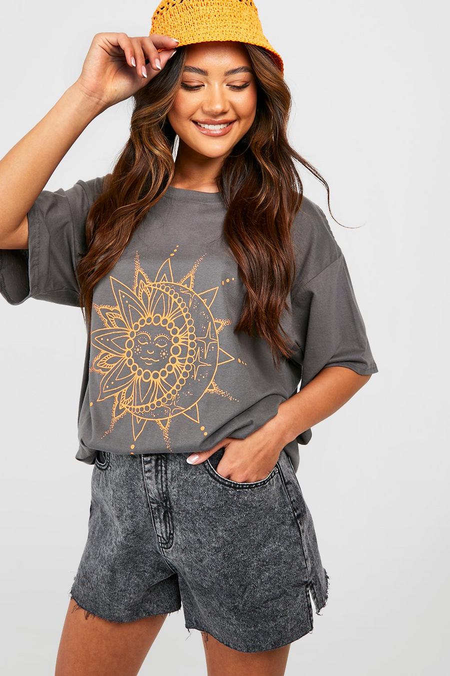Charcoal grey Celestial Printed Oversized T-shirt  