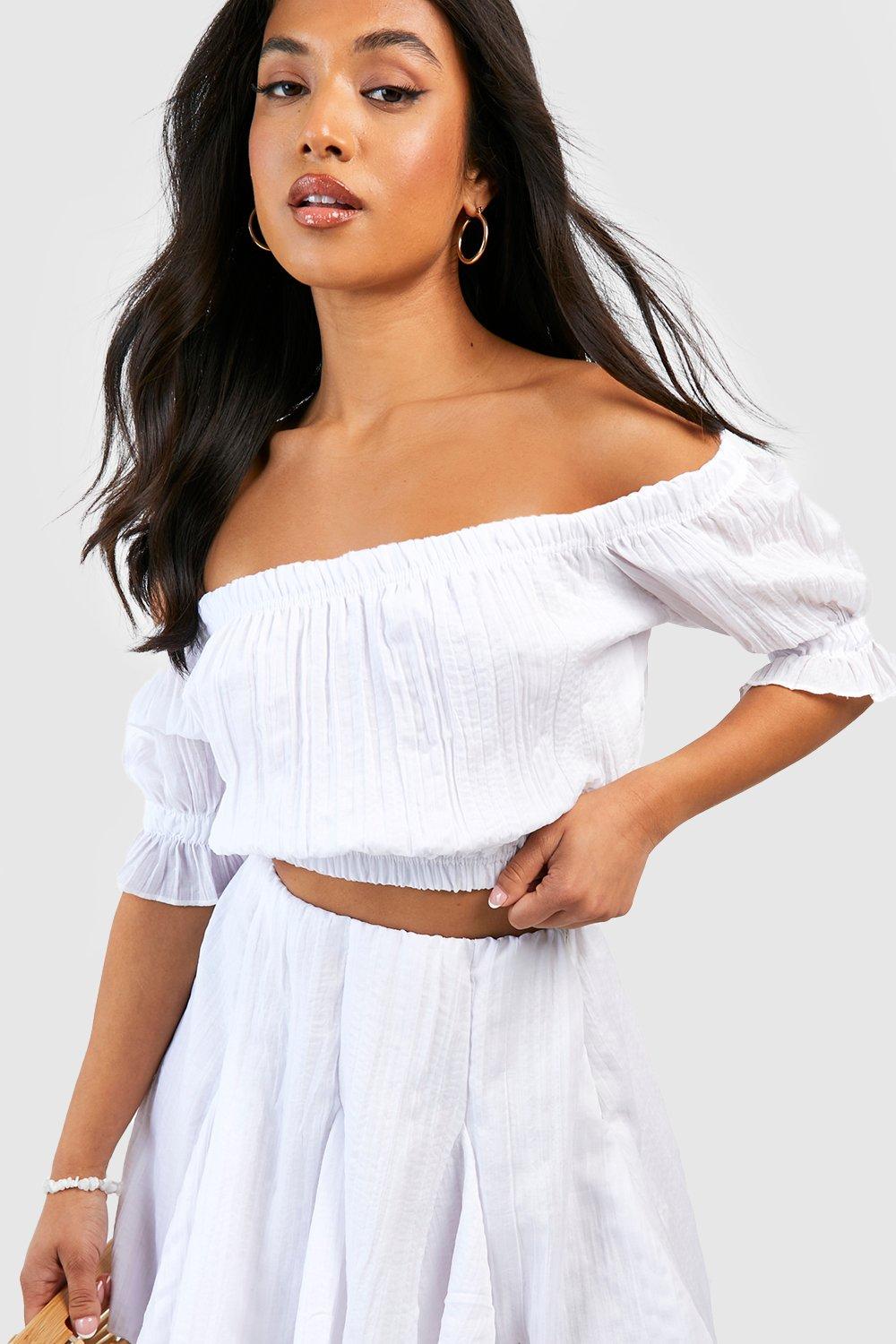 Petite Textured Woven Off The Shoulder Puff Sleeve Top boohoo