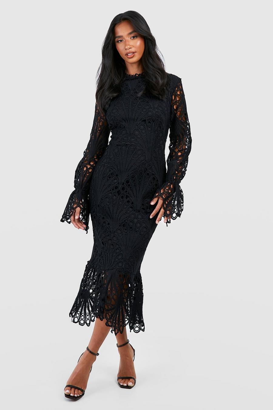 Black Petite Premium Lace High Neck Puff Sleeve Midi Dress