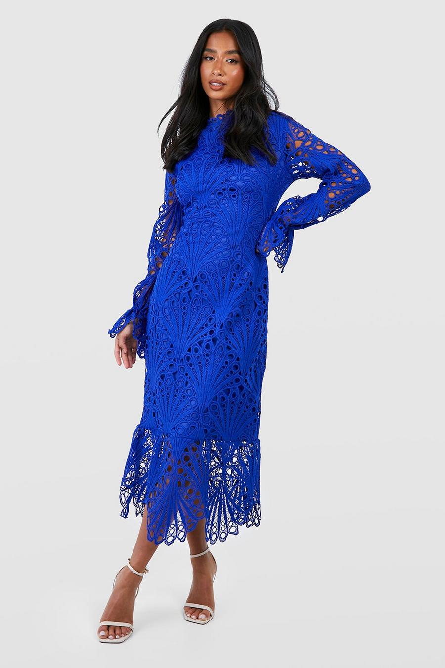 Cobalt Petite Premium Lace High Neck Puff Sleeve Midi Dress image number 1