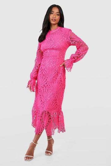 Petite Premium Lace High Neck Puff Sleeve Midi Dress hot pink