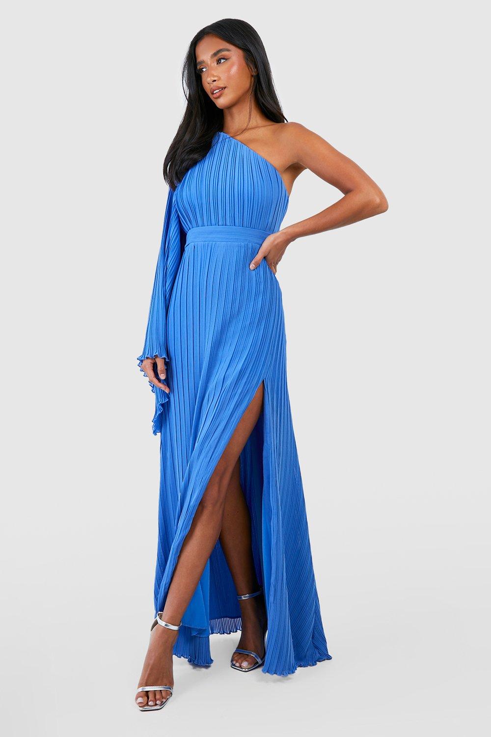 Mango Premium Asymmetric Pleated Midi Dress In Light Blue