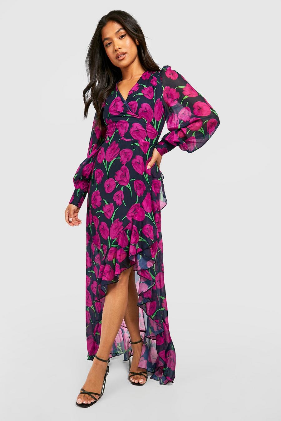 Women's Petite Chiffon Floral Wrap Ruffle Maxi Dress | Boohoo UK