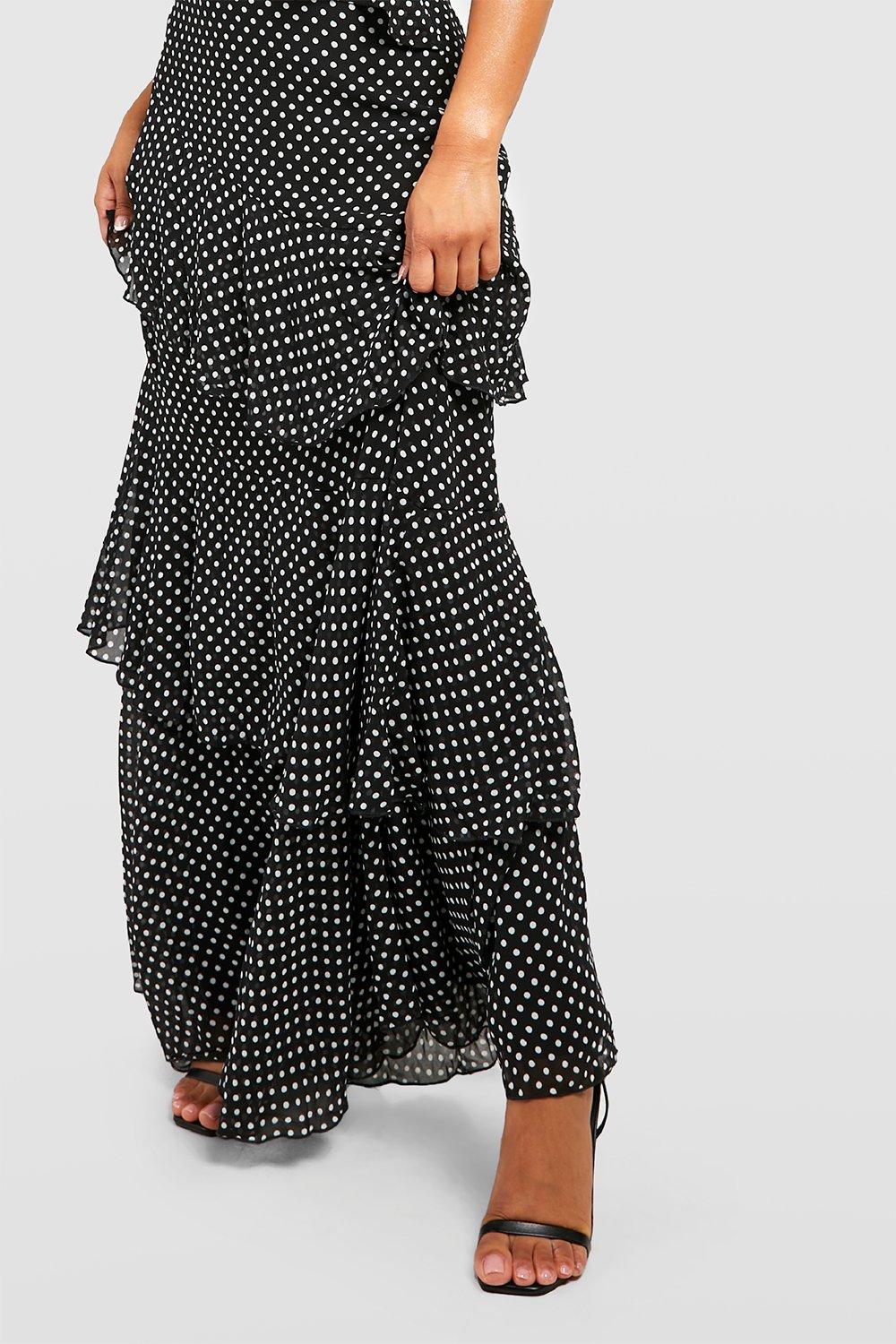 Boohoo tiered ruffle mini dress with store keyhole tie detail in mono polka dot