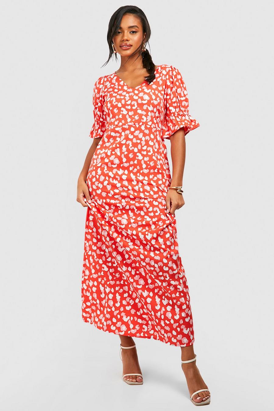 Red Animal Print Puff Sleeve Maxi Dress