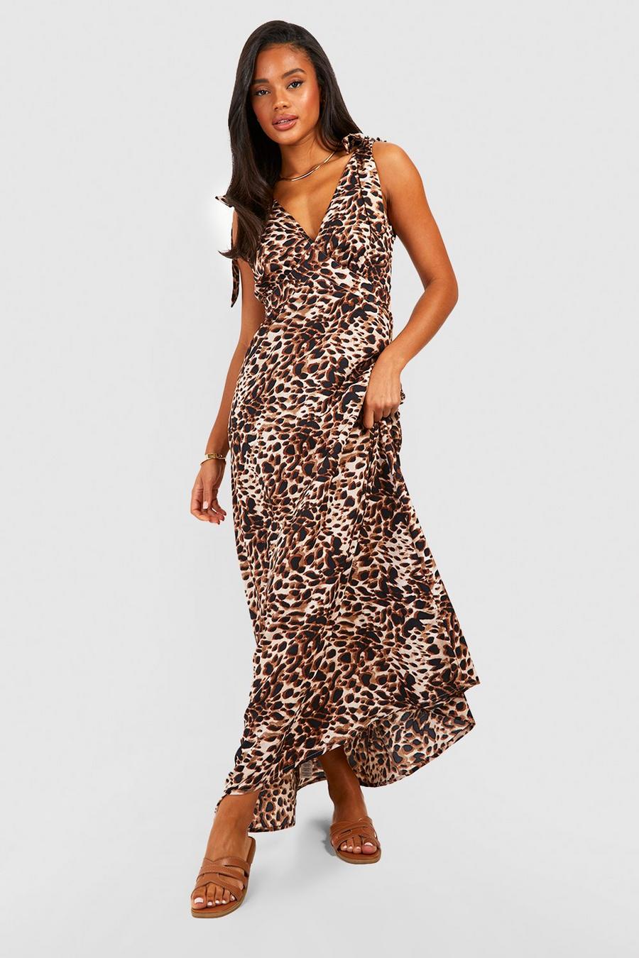 Vestido maxi de leopardo con atadura, Brown