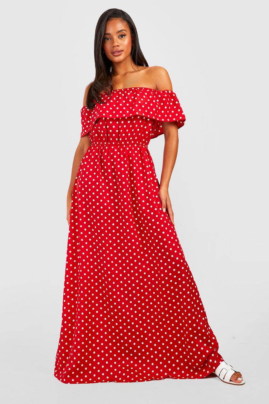 Red Spot Print Bardot Maxi Dress