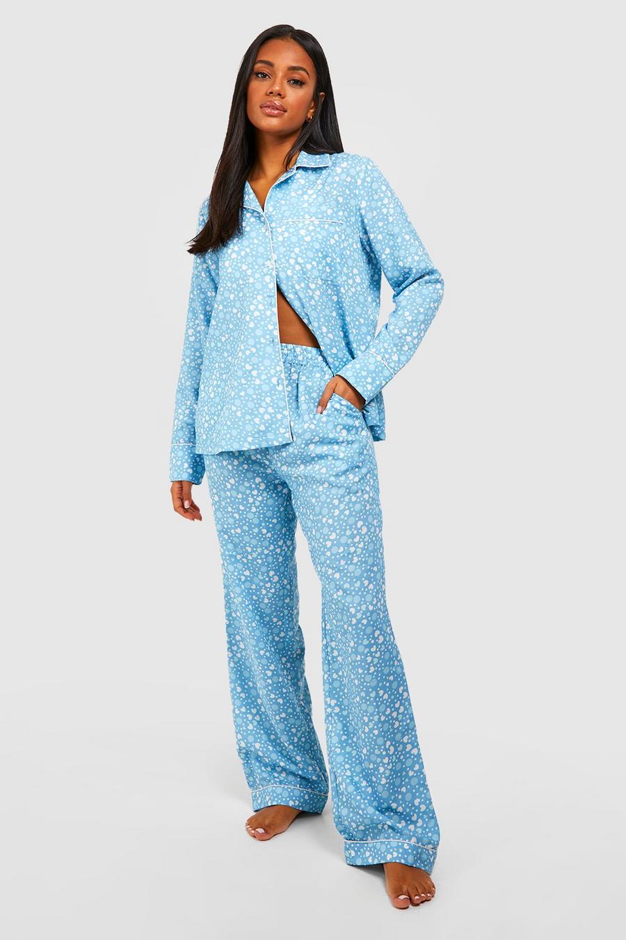 Blue blå Heart Print Long Pyjama Set