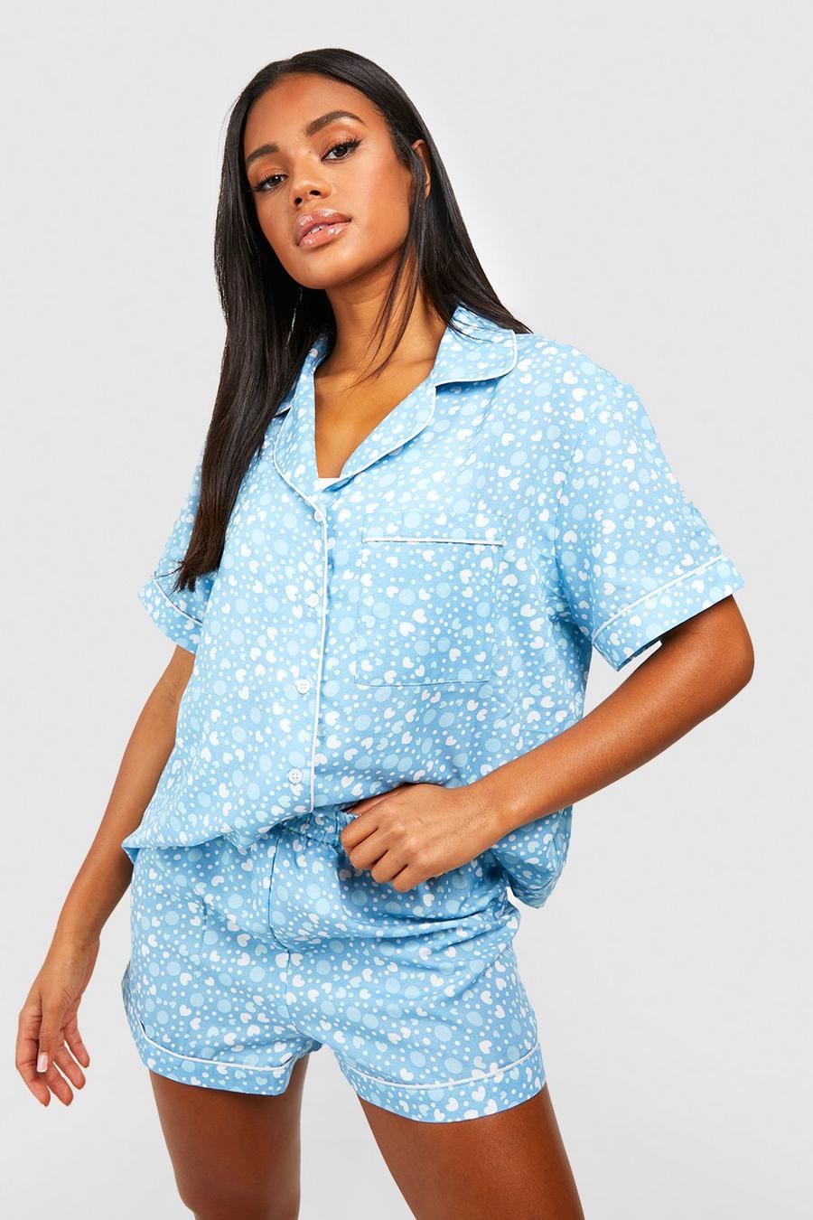 Blue blå Heart Print Short Pyjama Set
