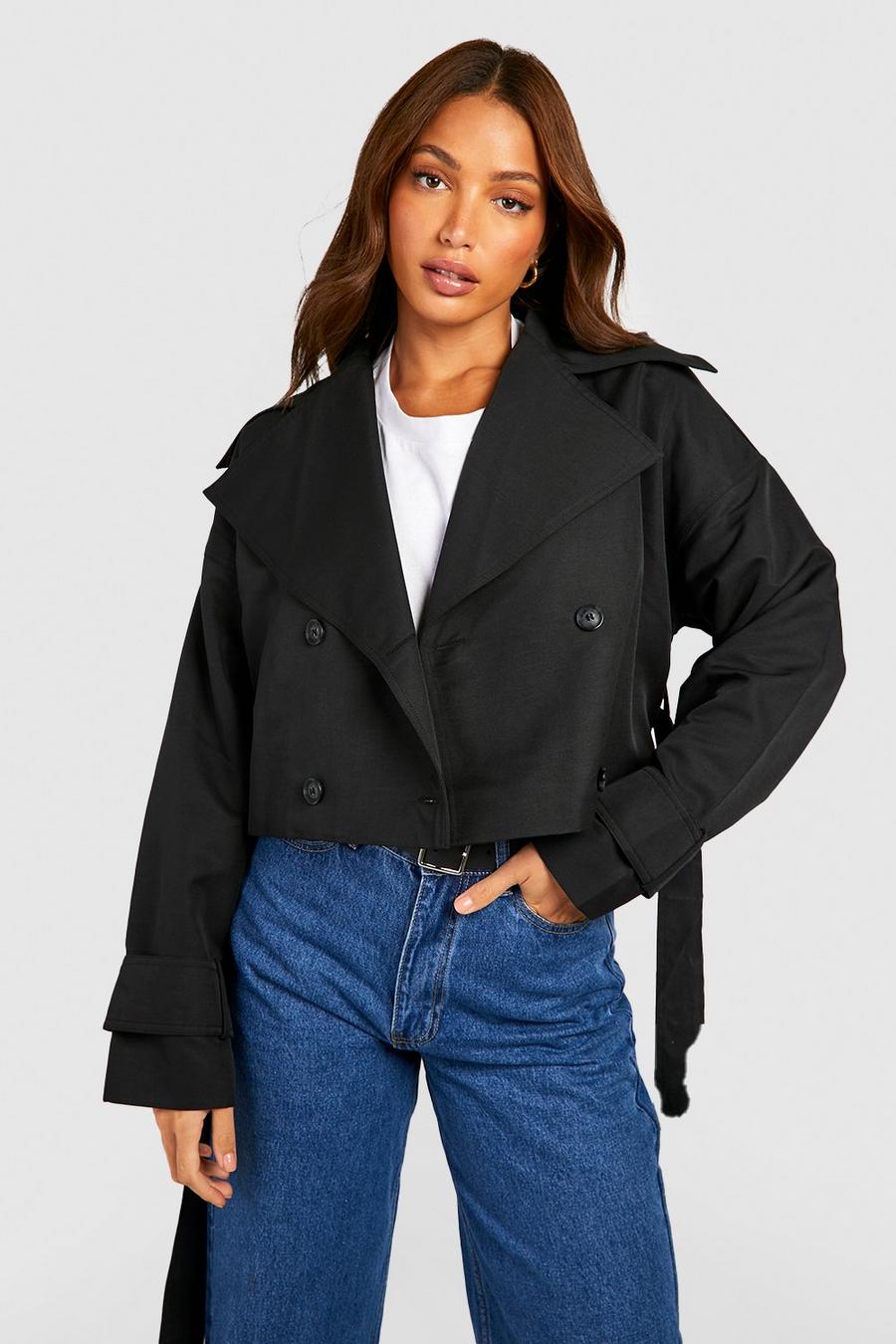 Black Tall Crop Oversized Belted Trench Coat image number 1