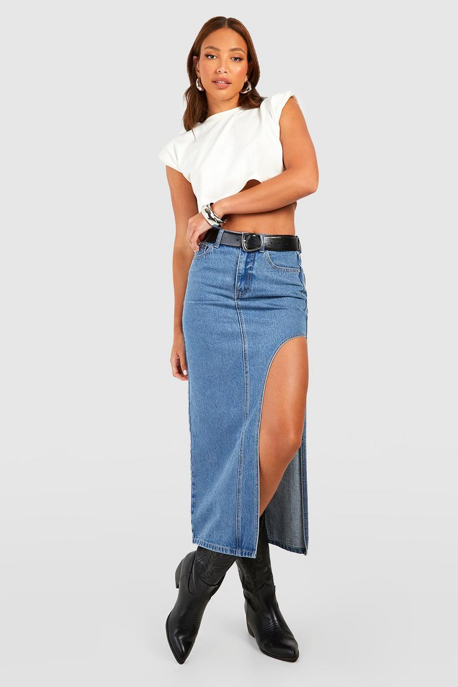 Mid wash bleu Tall High Waist Thigh Split Denim Midi Skirt