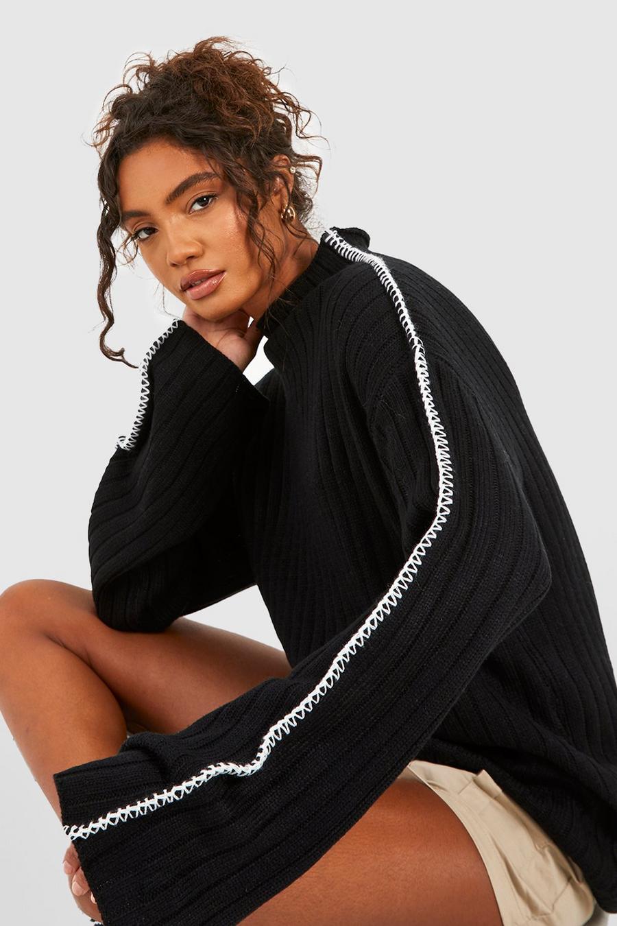 Black Tall Whipstitch Funnel Neck Rib Knitted Jumper image number 1