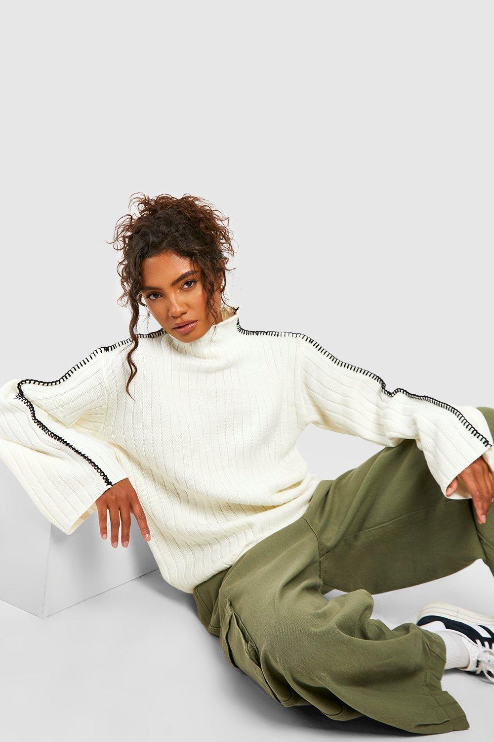 Tall Whipstitch Funnel Neck Rib Knitted Sweater