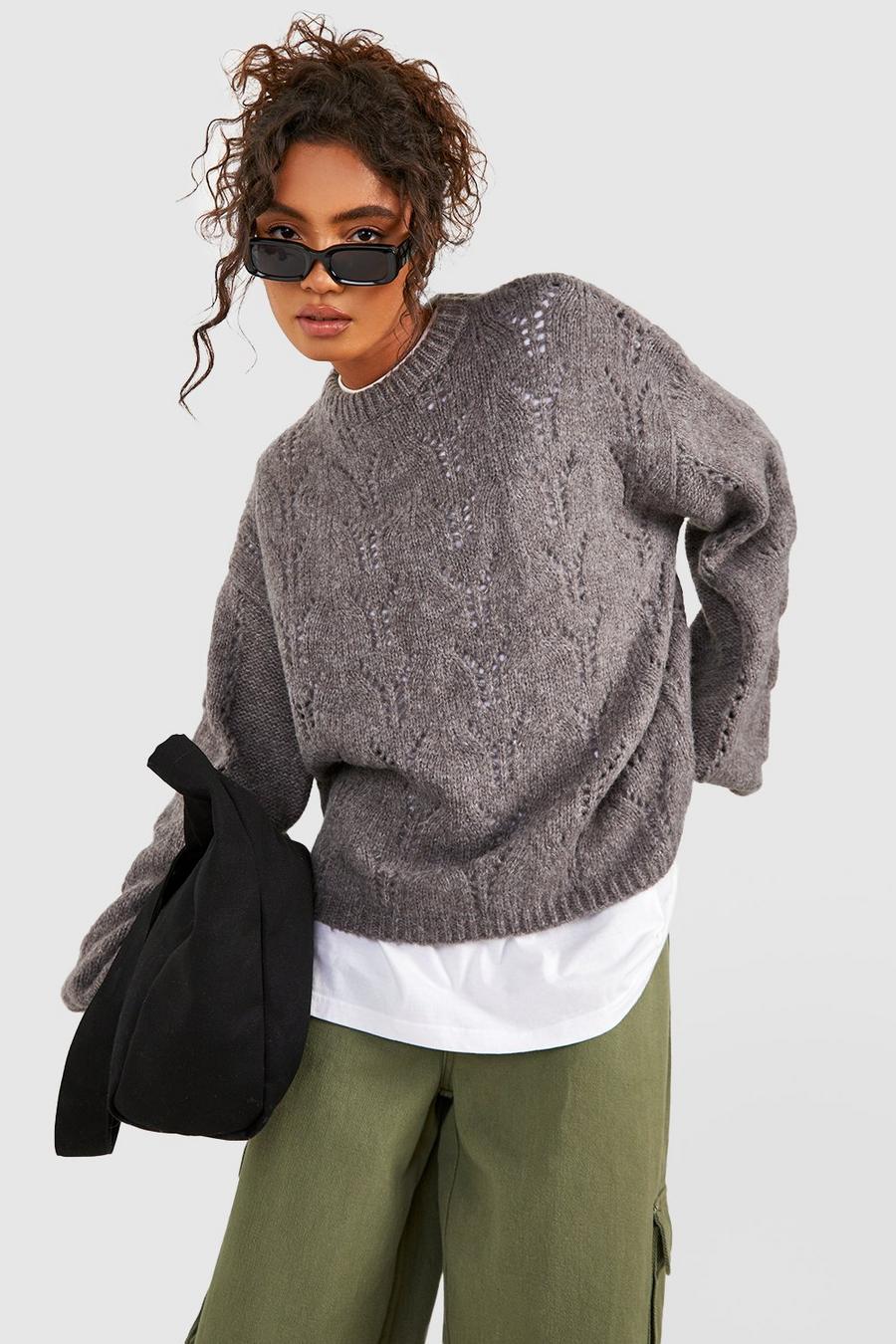 Grey Tall Pointelle Fluffy Knitted Sweater