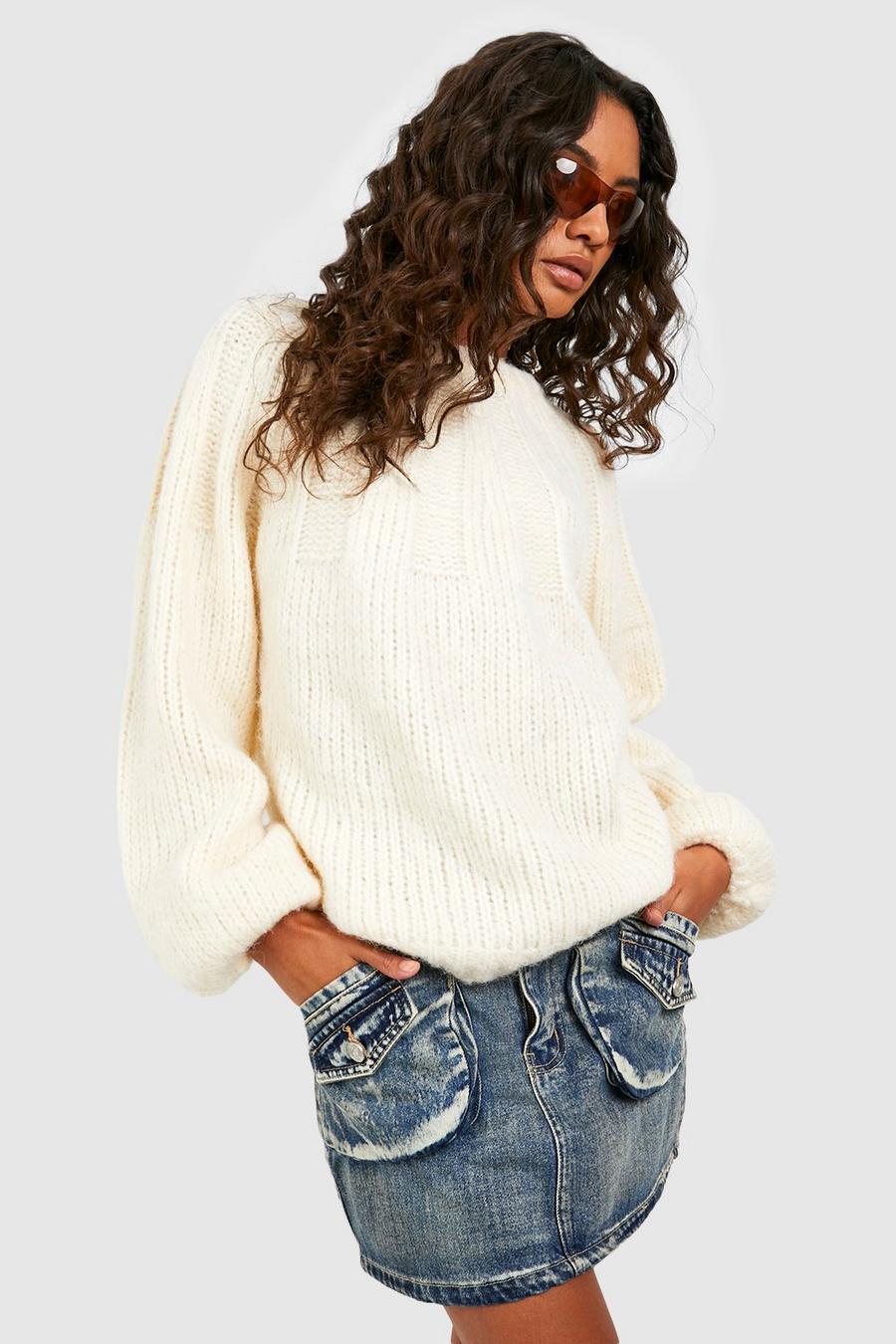 Ivory Tall Balloon Sleeve Fluffy Knitted Jumper image number 1
