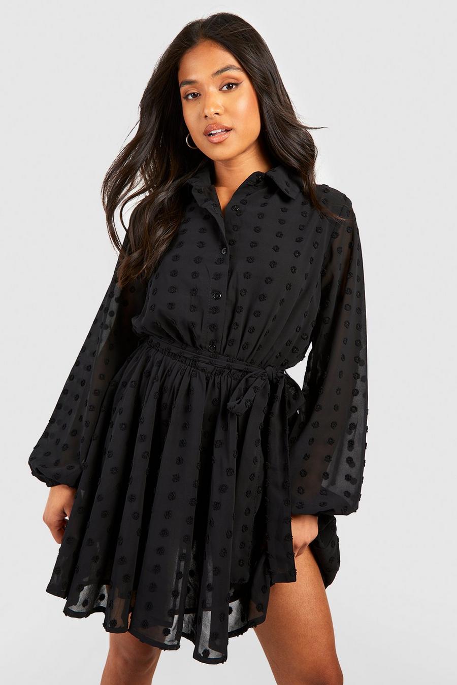Black Petite Skjortklänning med knytskärp