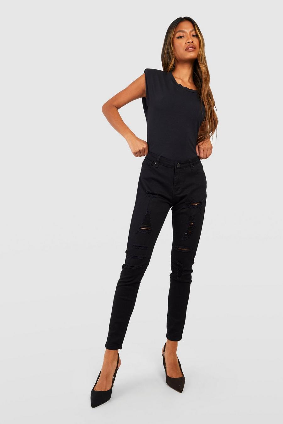 Jeans Super Skinny Fit a vita media effetto smagliato, Black