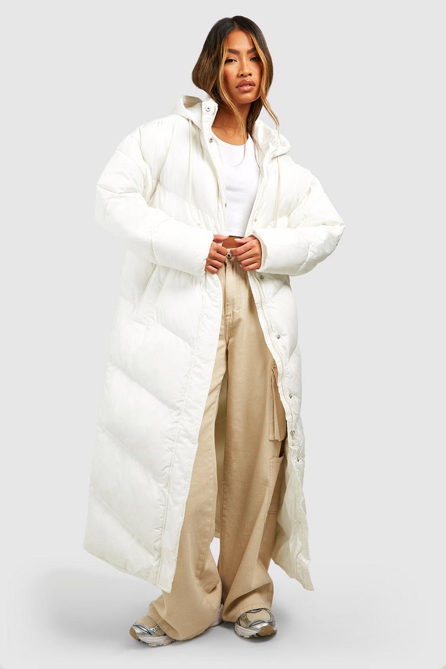 Ecru Hooded Quilt Detail Maxi Puffer   image number 1