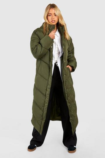 Khaki Hooded Quilt Detail Maxi Puffer