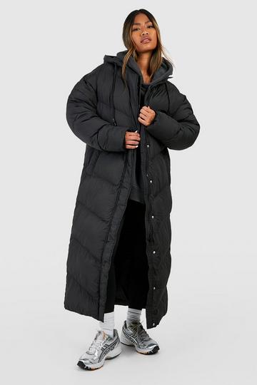 Black Hooded Quilt Detail Maxi Puffer